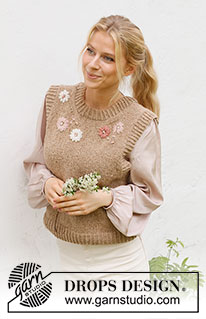 Flower Harmony Vest / DROPS 222-43 - Kamizelka na drutach, z włóczki DROPS Soft Tweed, z obszyciami ściągaczem, haftowanymi kwiatami i węzełkami. Od S do XXXL.