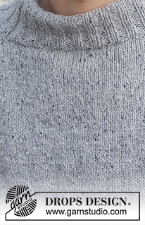 Rain Sky / DROPS 224-11 - Gebreide trui voor heren in DROPS Soft Tweed. Het werk wordt van boven naar beneden gebreid, met raglan en dubbele hals. Maten S - XXXL.