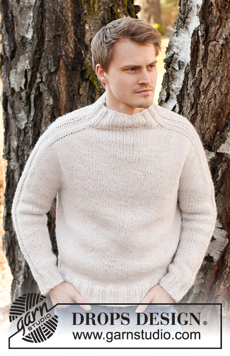 Frost Light / DROPS 224-22 - Męski sweter na drutach, przerabiany od góry do dołu, z rękawami typu saddle shoulder i brzegami ściągaczem, z włóczki DROPS Wish. Od S do XXXL.