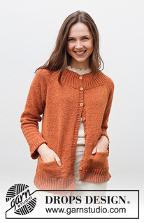 Warm Orange / DROPS 228-17 - Sweter rozpinany na drutach, przerabiany od góry do dołu, z reglanowymi rękawami, pęknięciami na bokach i brzegami ściągaczem, z włóczki DROPS Soft Tweed. Od XS do XXL.