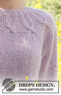 Sommerflørt / DROPS 232-41 - Sweter na drutach przerabiany od góry do dołu z zaokrąglonym karczkiem, rękawami ¾ i warkoczami, z włóczek DROPS Soft Tweed i DROPS Kid-Silk. Od S do XXXL.