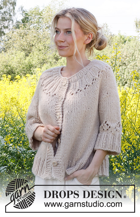 Harvest Wreath Cardigan / DROPS 232-46 - Knitted jacket in DROPS Wish or 2 strands DROPS Air. Piece is knitted top down with round yoke, lace pattern and  ¾ sleeves. Size: S - XXXL