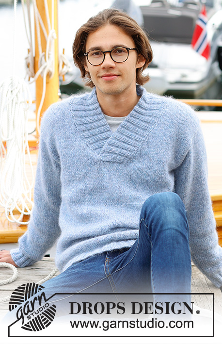 Blue Haze / DROPS 233-1 - Knitted sweater for men in DROPS Air. The piece is worked bottom up, with shawl-collar. Sizes S - XXXL