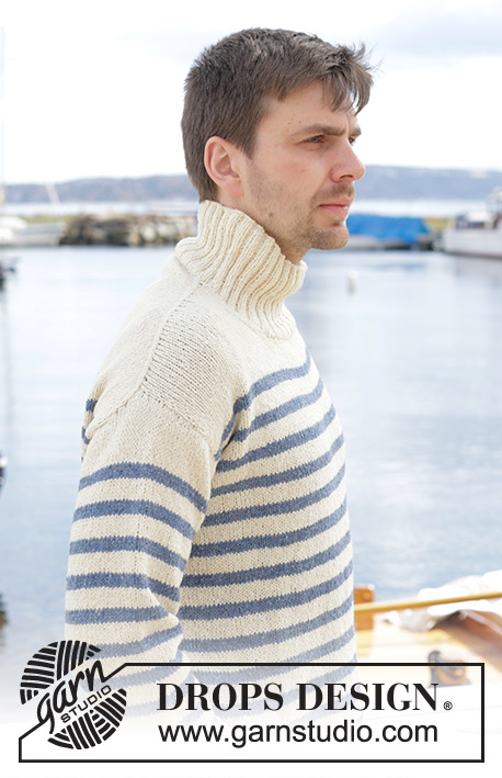Sailor Stripes / DROPS 233-23 - Pull tricoté de haut en bas pour homme, en DROPS Soft Tweed. Se tricote avec épaules biaisées / épaules européennes, rayures et col montant. Du S au XXXL.