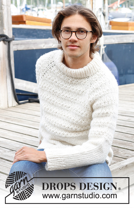 Misty Lines / DROPS 233-4 - Knitted sweater for men in DROPS Wish or 2 strands DROPS Air. The piece is worked top down with double neck, raglan and relief-pattern. Sizes S - XXXL.