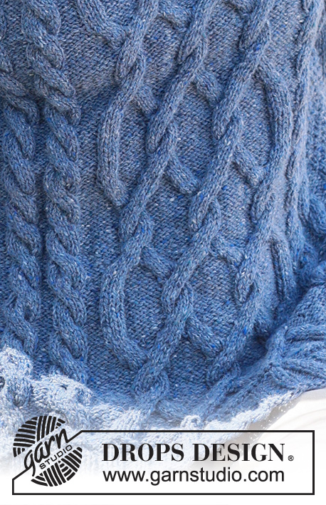 Blue Diamond / DROPS 236-29 - Knitted jumper in DROPS Soft Tweed. Piece is knitted bottom up with cables, moss stitch, double neck edge and sewn-in sleeves. Size: S - XXXL