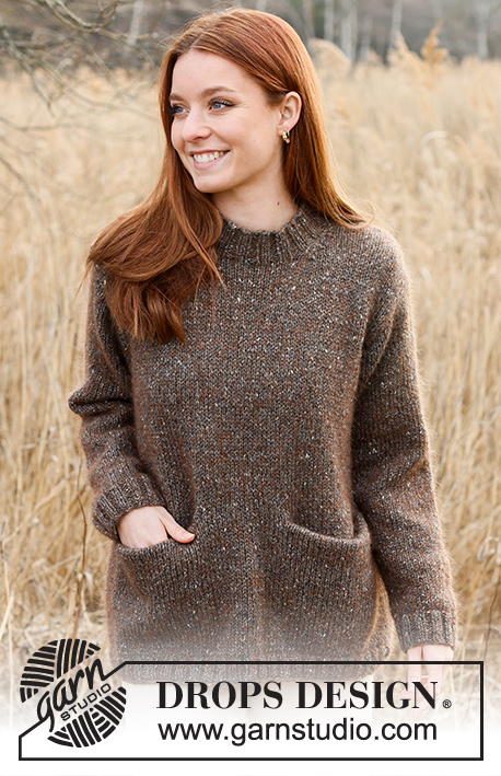 Autumn Woods / DROPS 236-8 - Długi sweter z kieszeniami na drutach, przerabiany dżersejem, z włóczek DROPS Soft Tweed i DROPS Kid-Silk.  Od XS do XXL.