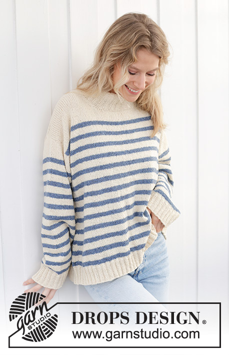 Sailor Stripes / DROPS 239-39 - Knitted sweater in DROPS Soft Tweed or DROPS Daisy. The piece is worked top down with diagonal/European shoulders, stripes and high neck. Sizes S - XXXL.