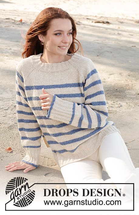 Marina Del Rey / DROPS 239-5 - Sweter na drutach, przerabiany od góry do dołu, z reglanowymi rękawami, w paski i z pęknięciami na bokach, z włóczki DROPS Soft Tweed. Od S do XXXL.