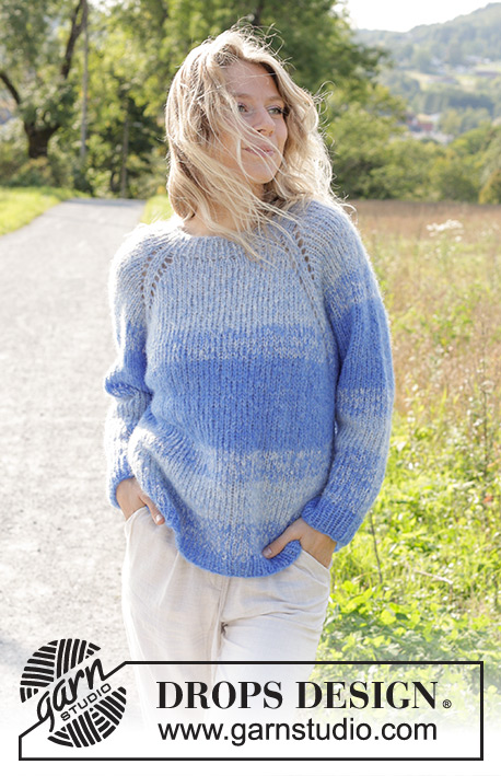 Blue Reflection / DROPS 250-25 - Knitted sweater in 2 strands DROPS Brushed Alpaca Silk. The piece is worked top down with raglan and stripes. Sizes S - XXXL.
