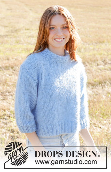 Painted Sky Sweater / DROPS 250-37 - Knitted sweater in DROPS Melody. The piece is worked bottom up with stockinette stitch, split in sides, ¾-length sleeves and double neck. Sizes S - XXXL.