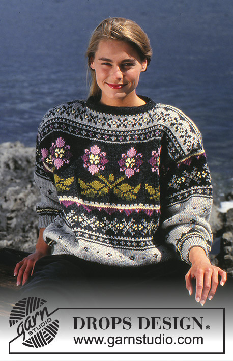 Night Violet / DROPS 27-5 - Sweter na drutach, z żakardem w kwiaty, z włóczki DROPS Alaska lub Karisma. Od S do L.