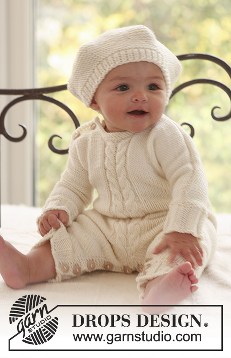 Little Lamb / DROPS Baby 16-2 - Set of beret hat and onesie with cables for baby in DROPS Merino Extra Fine
