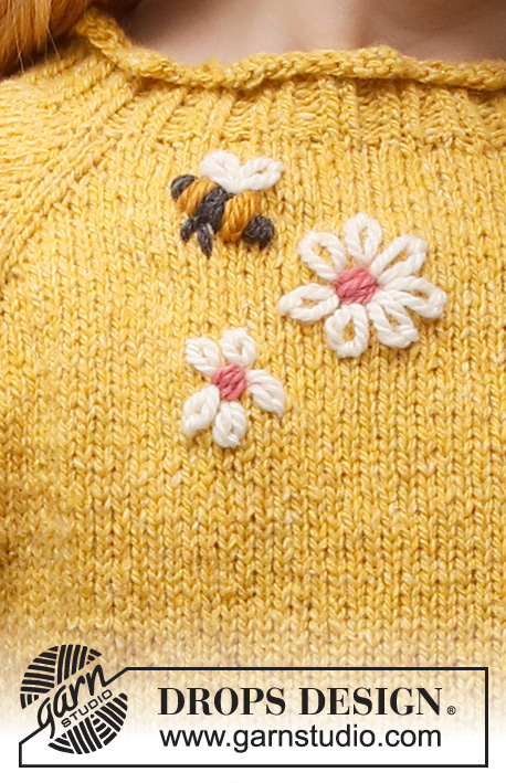 Bee Season Jumper / DROPS Children 40-1 - Sweter dziecięcy przerabiany od góry do dołu, z włóczki DROPS Soft Tweed, z reglanowymi rękawami i wyszywanymi kwiatami i pszczołą. Od 3 do 14 lat.