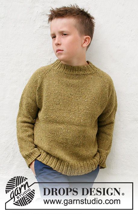 Just in Tweed / DROPS Children 40-9 - Dětský raglánový pulovr pletený shora dolů z příze DROPS Soft Tweed. Velikost 3 až 14 let.