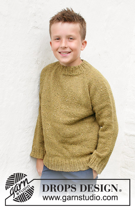 Just in Tweed / DROPS Children 40-9 - Dětský raglánový pulovr pletený shora dolů z příze DROPS Soft Tweed. Velikost 3 až 14 let.